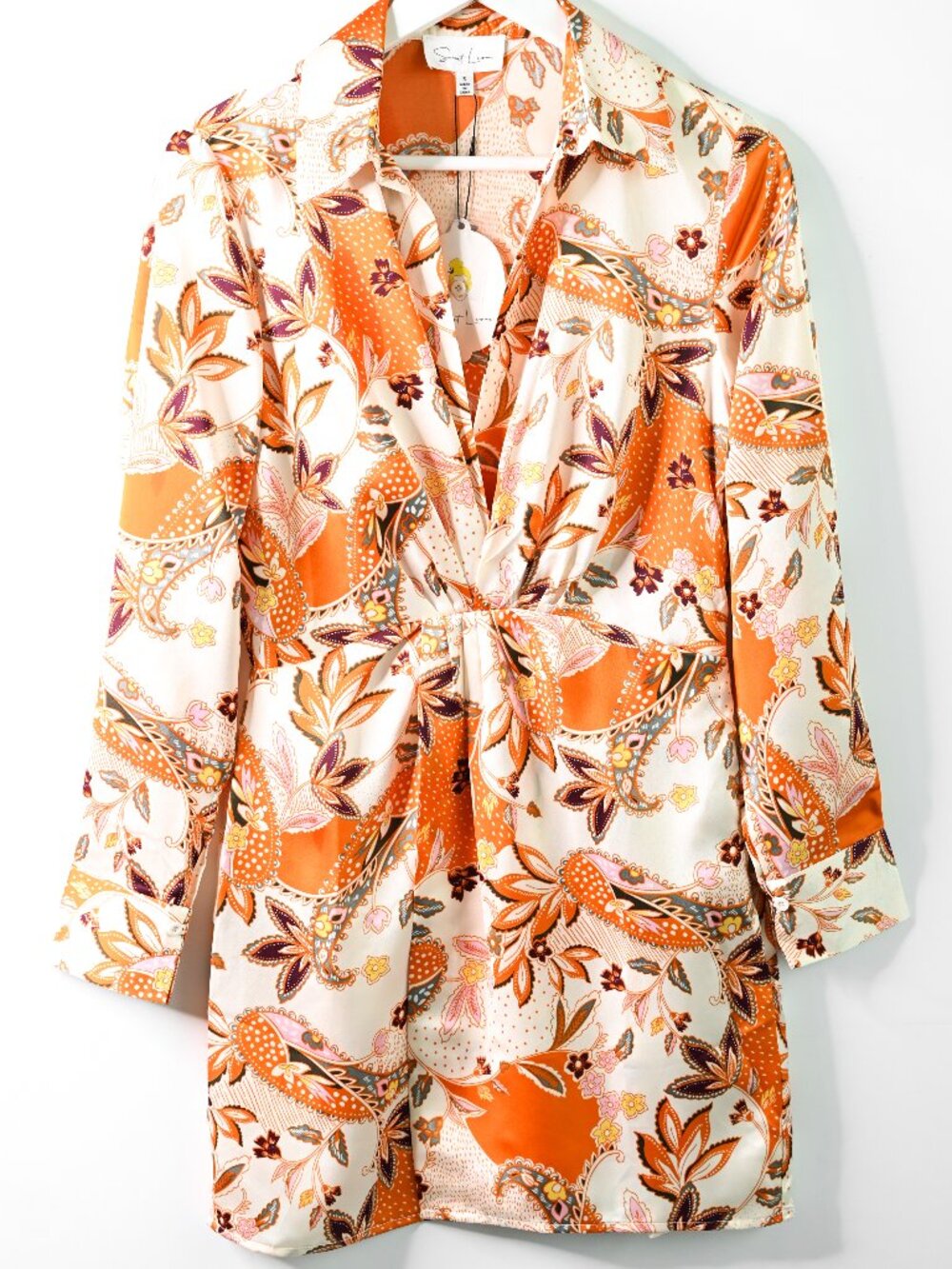 SWEET LEMON Orange Floral Collared Long Sleeve V-Neck Mini Dress - Size Small - Picture 2 of 10